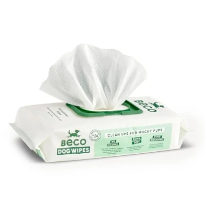 Image of Beco Bamboo Dog Wipes Plastic Free Home Compostable, 80 Wipes, Unscented, For Paws, Body and Bum, Plant Based Grooming