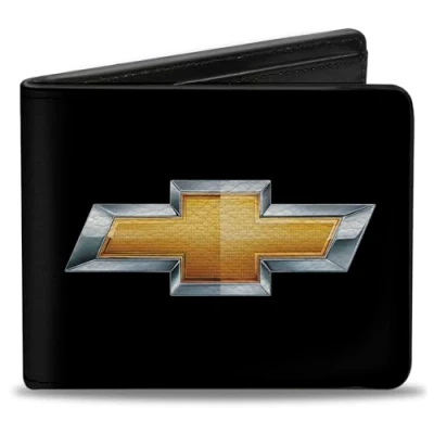 Image of Buckle Down Bi Fold Wallet Pu Bifold Chevy Bowtie Black/Gold Logo Centered Mens