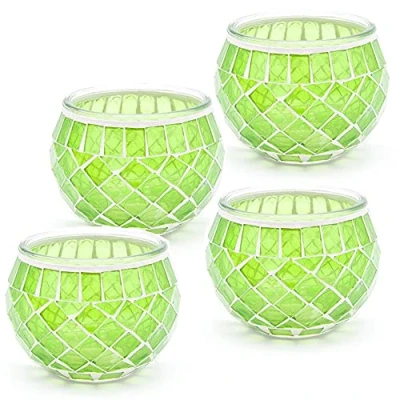 Image of Mosaic Glass Candle Holder Vintage Jar Tealight Holders, Home Decoration with upto 8 Hour Burn Tea Light Candles (Green 4 Pack)