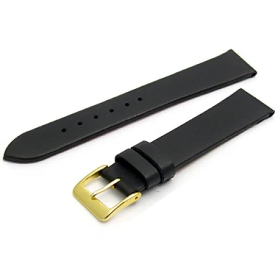 Image of Fine Calf Leather Watch Strap Band 18mm Black with Gilt (Gold Colour) Buckle. Free Spring Bars (Watch Pins)