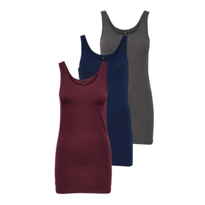 Image of ONLY Women&#039;s Onllive Love Long Tank Noos Top, Pack of 3 (Dark Grey Melange, Pageant Blue, Port Royale), S