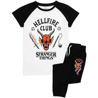 Image of Stranger Things Kids Pyjama Set Hellfire Club Short Sleeve T Shirt and Black Loungepants PJs For Boys &amp; Girls Eddie Eleven Mike Dustin Max Members Co Ord Nightwear Netflix Series Merchandise
