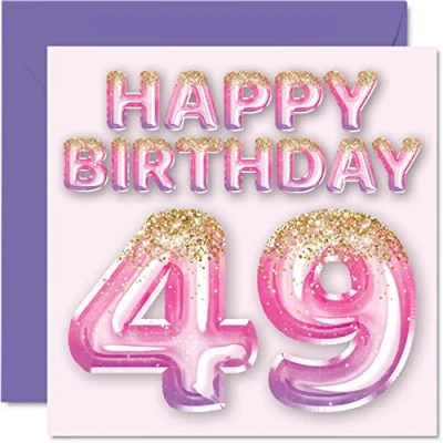 Image of 49th Birthday Card for Women Pink &amp; Purple Glitter Balloons Happy Cards 49 Year Old Woman Mum Cousin Friend Sister Auntie, 145mm x Forty Nine Ninth Greeting Gift