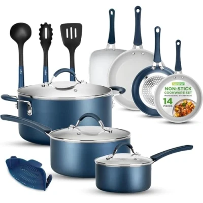 Image of NutriChef, Stackable Pots and Pans Set Ceramic Non Stick Pan Set, Induction Hob Cookware Premium Cooking w/Lids, Heat Resistant, 14 Pcs, Blue