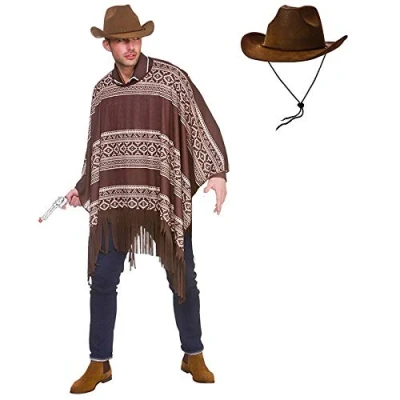 Image of Adult Western Cowboy Poncho Fancy Dress Costume + Brown Suede Hat (One Size)