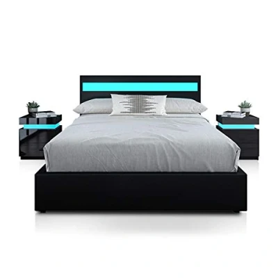 Image of Bed Frame with Storage, 5FT King Faux Leather Bed, Ottoman Gas Lift Storage Frame, LED Size for Bedroom Home, Black