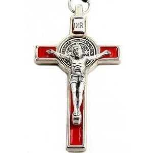 Image of Saint Benedict crucifix. 7.5 cms Red St cross. cross medal inlay the