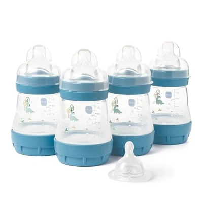 Image of MAM Easy Start Anti Colic Baby Bottles 4 Pack (4X 160ml) Self Sterilising Milk Bottle Slow Flow Teats Size 1 + 1x Medium Teat 2 Blue (Various Designs)