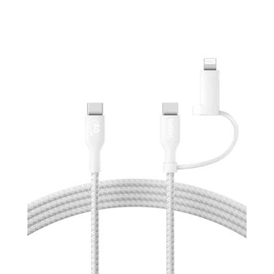 Image of Belkin 2 in 1 Charging Cable with USB C &amp; Lightning Connector Braided Fast Cable, to Charger Cord, Multi Combo for Apple iPhone, iPad, Samsung, More White