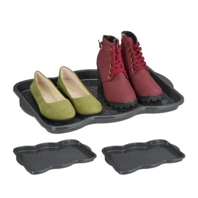 Image of Relaxdays Shoe Drip Tray, Set of 3, Plastic, Hallway Storage for Muddy or Wet Boots &amp; Trainers, 3 x 48 34 cm, Grey