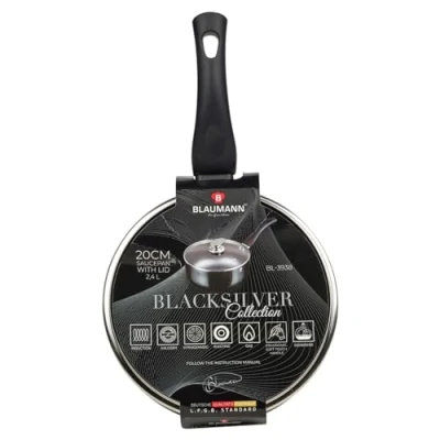Image of BLAUMANN Cookware Frying Grill Pots Pan Saucepan Casserole Soft Touch Handle Lid (Matt Black, 20x8.5cm with Glass L...)