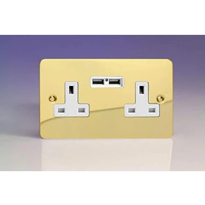 Image of Varilight 2 Gang 13A Unswitched Plug Socket + 5V DC 2100mA USB Charging Ports Polished Brass XFV5U2W