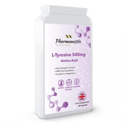Image of L Tyrosine 500mg 120 Capsules, High Strength Supplement, Free Form Amino Acid, Suitable for Vegetarian, Made in UK