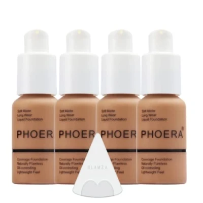 Image of Glamza Phoera Foundation Full Coverage Makeup Set 24hr Long Lasting Oil Control Soft Smooth Matte Flawless Concealer Cream Inc x4 30ml &amp; Silicone Blender Sponge (107 Honey)