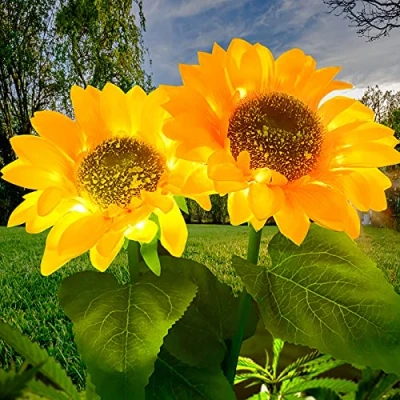 Image of Ovker Solar Garden Lights Outdoor, Sunflower with Warm Lighting Ornaments, Waterproof Decorative Landscape Flower Stake for Night Pathway Yard Pathway(2pcs)