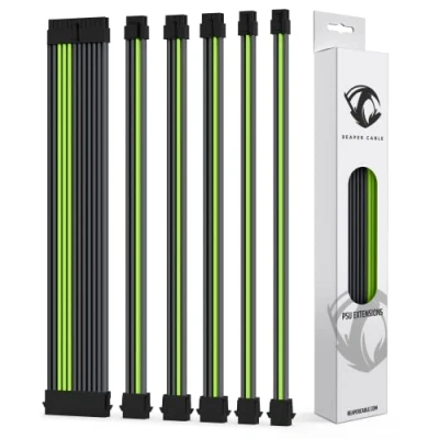 Image of Reaper Cable Sleeved PSU Extension Set Power Supply Extensions 1x 24 Pin/ 2x 8 6 4+4 Pin With Combs 30cm (Carbon &amp; Green)