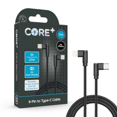 Image of CORE + 1M USB C to 8 Pin iPhone Long Charger Cable 3A 27W Fast Charging Compatible with iPhone, iPad, Airpods Pro Max, Mini, Plus 13, 14, 12, 11, 10 (1 x 1.5M 90 Connector)
