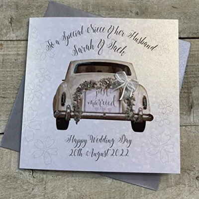 Image of WHITE COTTON CARDS PERSONALISED WEDDING CARD. ANY RELATION. NIECE &amp; HUSBAND. VINTAGE CAR DESIGN. Handmade (P18 1 NIE XP18 NIE)