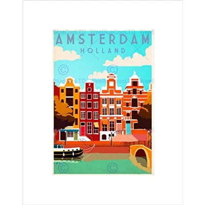 Image of Wee Blue Coo TRAVEL AMSTERDAM HOLLAND NETHERLANDS CANAL BRIDGE BOAT HOUSE ART PRINT B12X7906