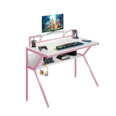 Image of Neo Ergonomic 2 Tier Gaming Gamer Racing Computer Office Desk Table with Headphone Hook Monitor Stand &amp; Shelf (Pink)