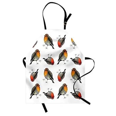 Image of ABAKUHAUS Bird Print Apron, Robin Redbreast Paint, Unisex Kitchen Bib Apron with Adjustable Neck for Cooking Baking Gardening, Marigold Vermilion