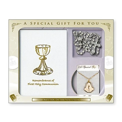Image of FHC First Holy Communion Gift Set Mass Book, Rosary Beads, Pearl Medal and Chain C5219