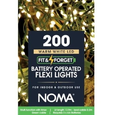 Image of Noma 200 Fit &amp; Forget Battery Operated Warm White Flexi Wire Lights (Pack of 1)