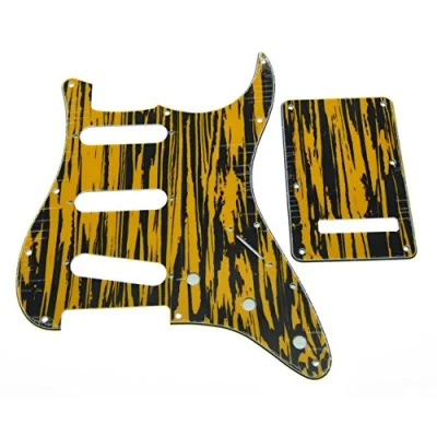 Image of KAISH 11 Hole ST/Strat Style Pickguard SSS Pick Guard with ST Back Plate Tremolo Trem Cover for USA/Mexico Stratocaster/Strat Black Yellow Wicker
