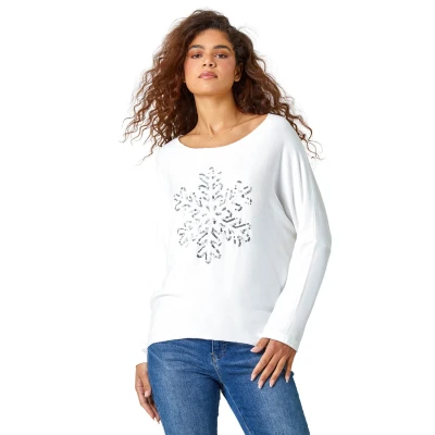 Image of Roman Womens Embellished Snowflake Stretch Top Ivory Size Large