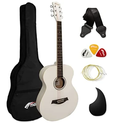 Image of Acoustic Guitar for Beginners Full Size, Steel String includes Gig bag, Strap, Scratchplate and Spare Strings White TIGER ACG2 WH