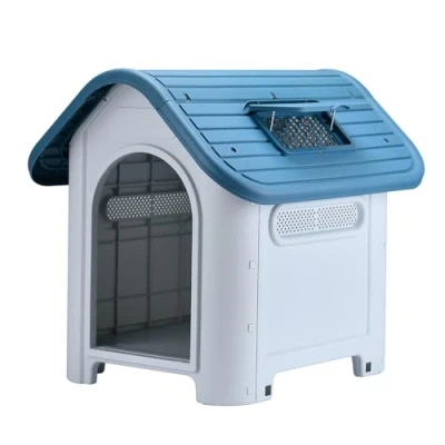 Image of Lanco Kennel for Small Dogs with Adjustable Sunroof. Indoor and outdoor use vents. Resistant material. 30x23x26 inches (L*W*H). Blue White.
