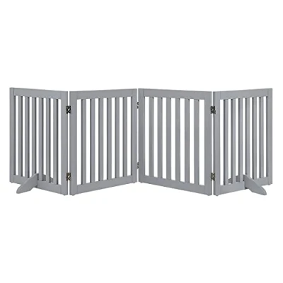 Image of unipaws Freestanding Pet Gate, Folding Wooden Dog Indoor Barrier with 2PCS Support Feet (61cm Height, 4 Panels) Light Grey