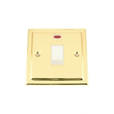Image of 20A Double Pole Switch Victorian Polished Brass White Insert Plastic DP Water Heater with Neon Indicator