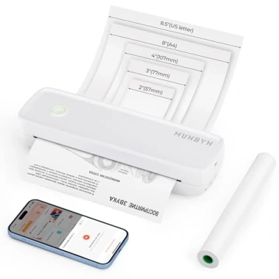 Image of MUNBYN Portable Printer Wireless Travel ITP04, Thermal Bluetooth Printer, Support 8.5&#039;&#039;x11&#039;&#039;&amp;A4, Inkless USB C Slot, Compatible with Android iOS Phone &amp; Laptop, Small Mobile, White