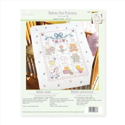Image of Bucilla Babies are Precious Crib Cover Stamped Cross Stitch Kit 34 x 43 inches, Polyester, Multi Colored