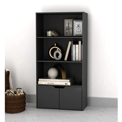 Image of URBNLIVING 4 Tier Wide Wooden Bookcase Cupboard with 2 Doors Storage Shelving Display Shelf Cabinet Unit (Black Black Doors)