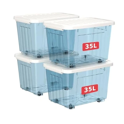 Image of Cetomo 35L*4 Storage Boxes with Wheels, Plastic Box Lid, Latching Buckles, Click Closure, Stackable, Nesting, Durable Organizer for Home Office Clothes, Clear Blue, 35L 4 Pack