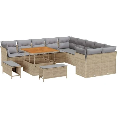 Image of vidaXL 13 Piece Garden Sofa Set with Cushions Beige Poly Rattan Acacia