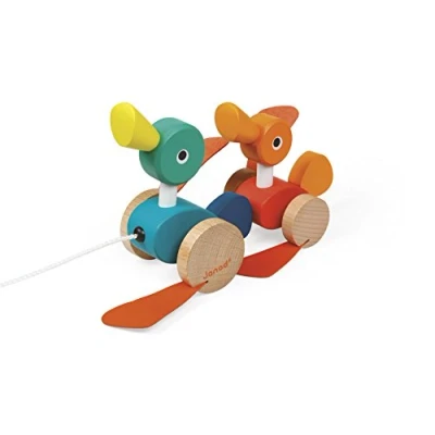 Image of Janod Zigolos Wooden Pull Along Ducks FSC Certified Toddler Toy For children from the Age of 1, J08211, Multicolored