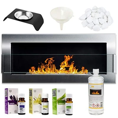 Image of GMT Bioethanol Eco Smokeless Fireplace Silver 90x40cm with Protective Glass Indoor Decorative Wall mounted or recessed Fire Heater Chimney Easy to Mount Bio Liquid Fuel &amp; Stones Aroma Oils