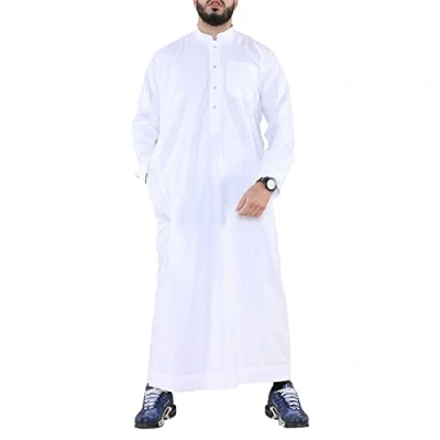 Image of Mens Thobe Jubba Nehru Stand Collar Islamic Clothing Muslim Cotton Kaftan Dress Robe Saudi White XXL 60