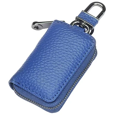 Image of Aileder Car Key Case Holder Genuine Leather Smart Chain Zipper Remote Fob Cover Protector Bag Keyring Wallet (Royal Blue)