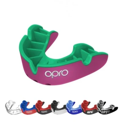 Image of OPRO Silver Level Adult and Kids Sports Mouthguard with Case, Gum Shield Featuring Revolutionary Fitting Technology for Hockey, Lacrosse, Rugby, MMA, Boxing Combat (Pink/Green, Adult)