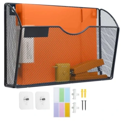 Image of PLSOPPKG 1 Tier Hanging Wall File Holder, Metal Mesh Magazine Rack, A4 Pocket Mail Organiser Storage Mounted Organizer, Black