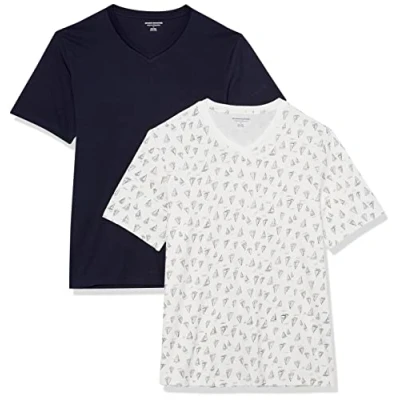 Image of Amazon Essentials Men&#039;s Regular Fit Short Sleeved V Neck T Shirt (Available in Big and Tall), Pack of 2, Navy/Boat Print, XXL