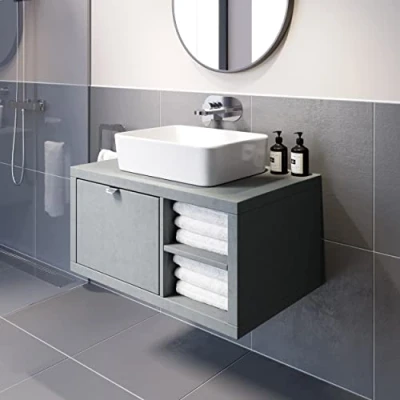 Image of Vitusso® 800mm Bathroom Vanity Unit Countertop Basin Sink Wall Hung Drawer with Shelves Storage Oak Wood Croix White RH