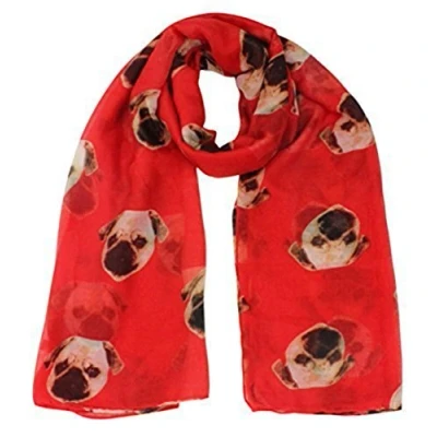 Image of World of Shawls Pug Dog, Dachshund Dogs, Spaniel Dog Print Scarf All Seasons Lovely Soft Wraps Shawl Scarves (Pug Red)