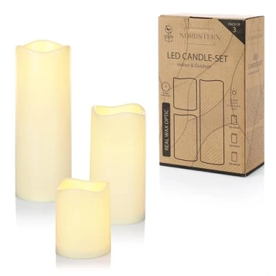 Image of Nordstern LED Candles Set of 3 Pillar with Flickering Light and Timer Function 6 Hours Warm White Battery Operated Indoor Outdoor