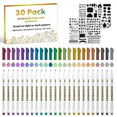 Image of 30 Pack Metallic Marker Pens, Lineon 24 Colors Fine Tip Paint Pens with 6 Stencils for DIY Craft Photo Album Rock Art Painting Card Making Glass Wood