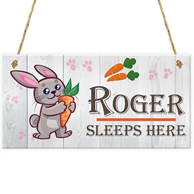 Image of Red OceanCute Pet Rabbit Sign Sleeps Here Personalised Hutch Bed Run Cage Wood Effect